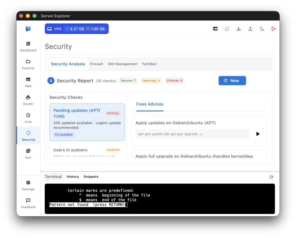 Security dashboard showing the complete scan results with 18 checks, color-coded as green (secure), yellow (warning), or red (critical)