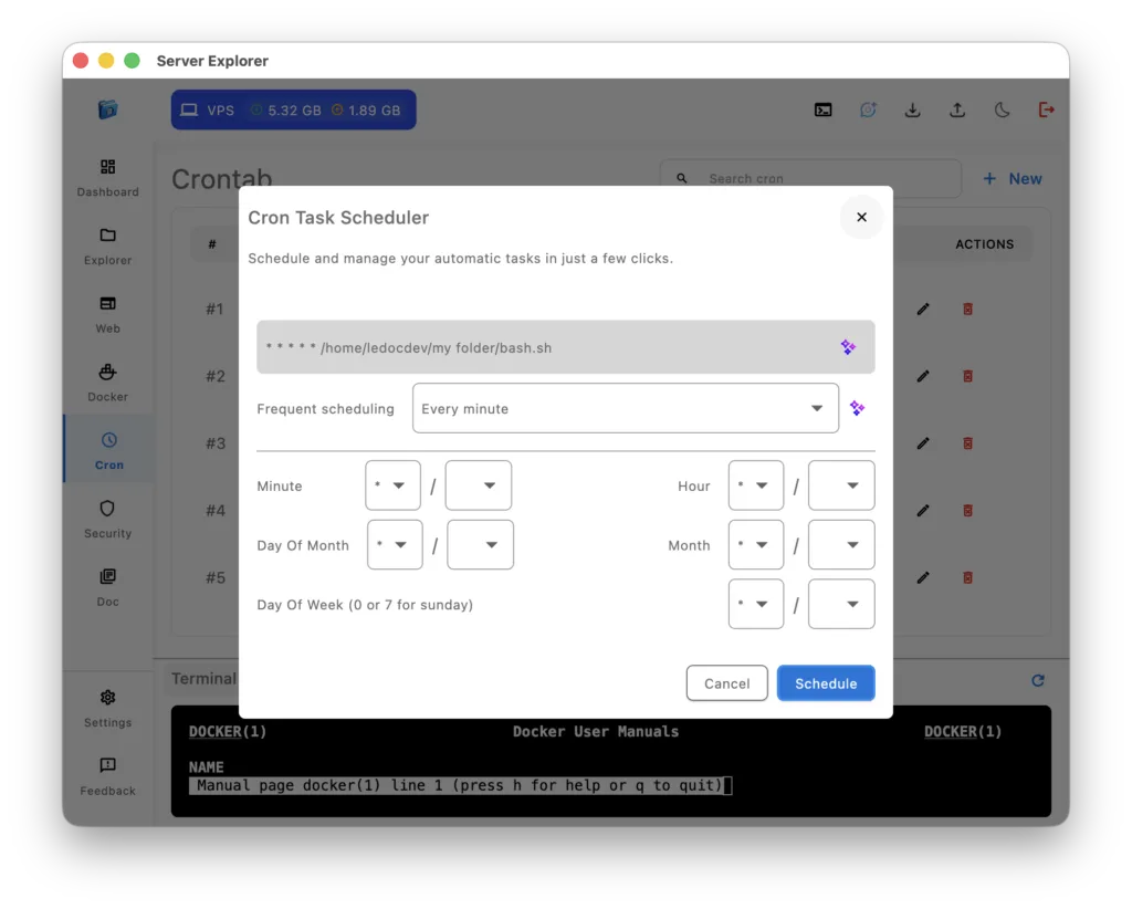 Server Explorer interface to manage cron tasks on server